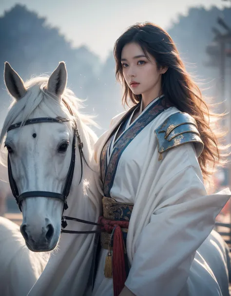 (Best Quality, Masterpiece:1.4), (Realism:1.2), (Realisitc:1.2), (Absurdres:1.2), (photorealistic:1.3), 1girl,Realistic Skin,Solo,( Very Big Eyes,beautiful detailed eyes, symmetric eyes), upper body,((cowboy shot)),battlefield, Chinese martial arts war scenes, a girl Chinese wearing blue and white porcelain armor, martial arts style, Chinese fairy tale,highly detailed, dynamic, cinematic, stunning, realistic lighting and shading, vivid, vibrant, octane render, unreal engine, very detailed, concept art, realistic, riding white horse, windsmoke,Chinese Zen style,impactful picture, <lora:ç»ªå¿-éªé©¬horse:0.6>