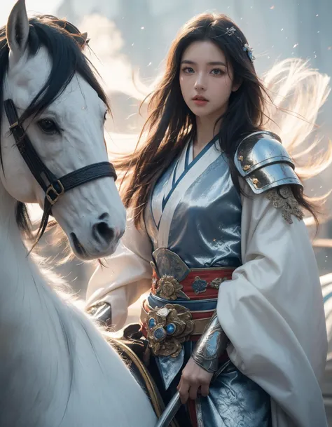 (Best Quality, Masterpiece:1.4), (Realism:1.2), (Realisitc:1.2), (Absurdres:1.2), (photorealistic:1.3), 1girl,Realistic Skin,Solo,( Very Big Eyes,beautiful detailed eyes, symmetric eyes), upper body,((cowboy shot)),battlefield, Chinese martial arts war scenes, a girl Chinese wearing blue and white porcelain armor, martial arts style, Chinese fairy tale,highly detailed, dynamic, cinematic, stunning, realistic lighting and shading, vivid, vibrant, octane render, unreal engine, very detailed, concept art, realistic, riding white horse, windsmoke,Chinese Zen style,impactful picture, <lora:ç»ªå¿-éªé©¬horse:0.6>