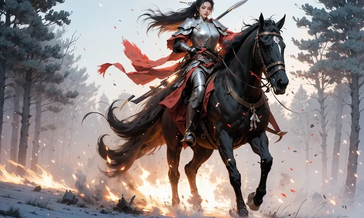 (dramatic, gritty, intense:1.4),masterpiece, best quality, 32k uhd, insane details, intricate details, hyperdetailed, hyper quality, high detail, ultra detailed, Masterpiece, battlefield(wide shot, wide-angle lens,Panoramic:1.5),
Chinese martial arts war scenes, a girl Chinese wearing blue and white porcelain armor, chinese ink style, martial arts style, Chinese fairy tale,highly detailed, dynamic, cinematic, stunning, realistic lighting and shading, vivid, vibrant, 8k,octane render, unreal engine, very detailed, concept art, realistic, Cry engine,
weaponpolearmwhite ridingwhite horsehorseback riding, windsmoke
1boy(full body:1.5), holdingmale focus, holding weapon(holding polearmspear:1.5),white chinese clothesarmor, white cape, shoulder armor, helmet, black hair, ponytail, (white ribbon:1.4)outdoors, embers, animal
A shot with tension(sky glows red,Visual impact,giving the poster a dynamic and visually striking appearance:1.2),Chinese Zen style,impactful picture,  <lora:~Q?-lhorse:0.9>
