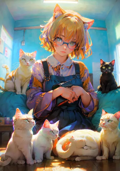 A girl with glasses, surrounded by many white cats, barroco, anime aesthetic, cats fill the picture, Cat lady, animal ear lady, fisheye shot,artistic conception scene,yuko shimizu style, emily kame kngwarreye, mark catesby