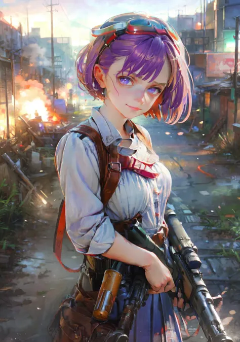 masterpiece,best quality,1girl,helena blavatsky,purple hair,short hair,hat,goggles,smirk,military uniform,holding weapon,(gatling gun),weapon pointing at viewer,wasteland,burning city,<lora:hipoly_3dcg_v7-epoch:0.4:NF>