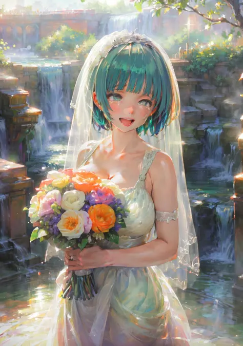 (masterpiece, best quality, highres:1.3), too many peoples, large breasts, adult_baby, barn, bokeh, waterfall braid, green hair, short fringe, silver eyes, wedding, wedding dress, bridal veil, happy tears, holding bouquet, collarbone, cleavage, bare shoulders, smile, open mouth, smile, (very wide shot:1.4)