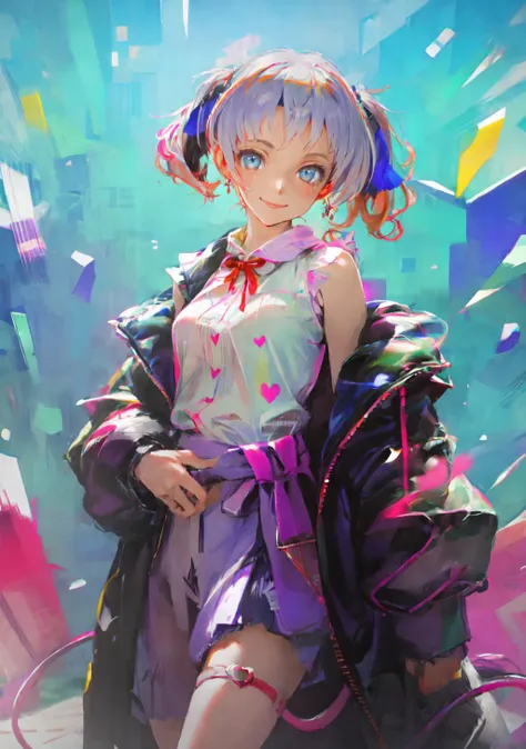 solo, 1girl, kojodef, smile, looking at viewer, twintails, open clothes, black jacket, off shoulder, sleeveless shirt, see-through shirt, heart print, leg ribbon, jewelry, ring, demon tail<lora:8ymmmz95t7jn_neg_bdsqlsz_V2:1>