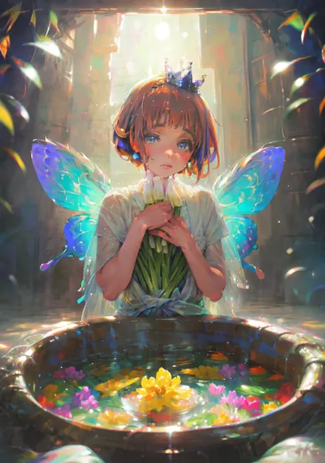 (masterpiece, best_quality, ultra-detailed, immaculate:1.3), epic, illustration, 1girl, green skin, f/1.4 lens, bokeh, tiny Hyacinth creature,butterfly wings, see-through gossamer, , in a Brazillian, Egyptian dungeon cell, bombshell hair, auburn hair, short bombshell hair,Crown Braid, on back<lora:8ymmmz95t7jn_neg_bdsqlsz_V2:1>