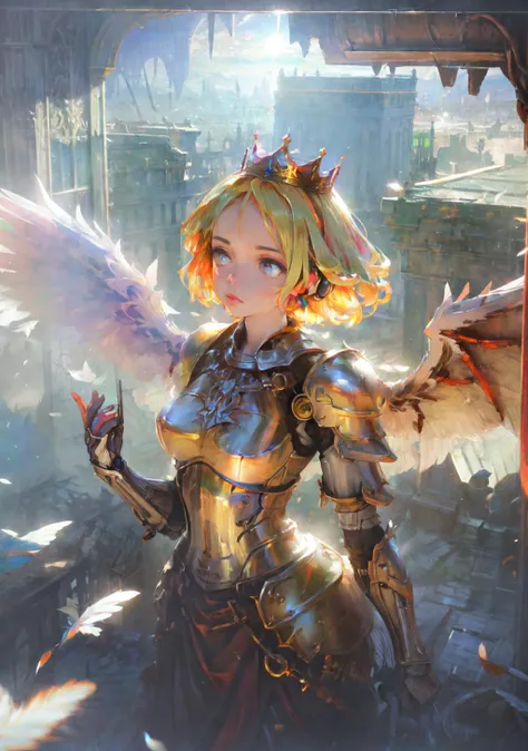 (masterpiece,top quality,best quality,official art,beautiful and aesthetic:1.2),1girl,mechangel,<lora:[LoRA] Mecha Angel Concept (With dropout & noise version):0.8> wings, solo, armor, mechanical wings, A supermodel posing dramatically , translucent, cinematic composition, 8K resolution ,(brilliance:1.2),many Circle of Light on above,divine,broken city,cloud, ,kingdom,crown,wind,Lots of feathers,backlighting,intelligence,Disjointed machines,