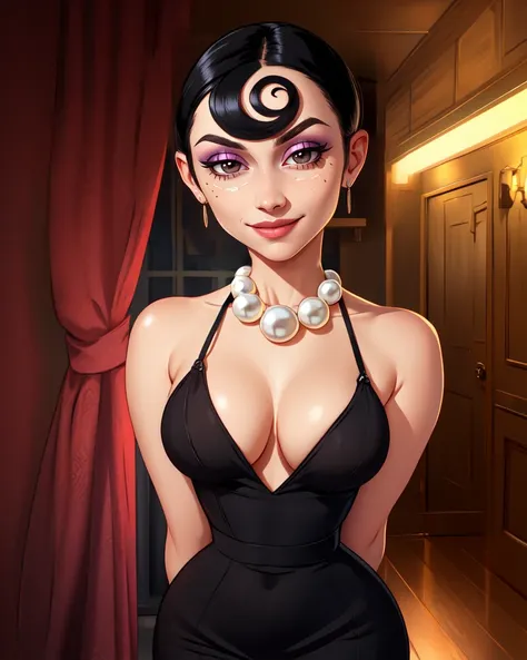 AgentQ,black hair,very short hair,black eyes,eyeshadow,
black dress,pearl necklace,cleavage,bare shoulders,arms behind back,
standing,smile,hips,
movie theater,
(insanely detailed, beautiful detailed face,beautiful detailed eyes, masterpiece, best quality),solo,<lora:agenthoneydew:0.7>,