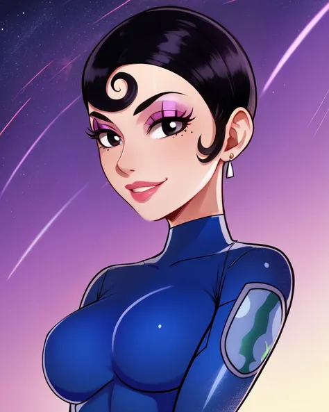 AgentQ,blakc hair,short hair,black eyes,eyeshadow, lips,
blue bodysuit,blue belt,round white earrings,
standing,upper body,smile,
secret base,outdoors,night,stars,
(insanely detailed, beautiful detailed face,beautiful detailed eyes, masterpiece, best quality),solo,<lora:agenthoneydew:0.8>,