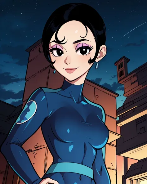 AgentQ,blakc hair,short hair,black eyes,eyeshadow,
dark blue bodysuit,blue belt,covered navel,long sleeves,
standing,upper body,smile,
secret base,outdoors,night,stars,
(insanely detailed, beautiful detailed face,beautiful detailed eyes, masterpiece, best quality),solo,<lora:agenthoneydew:0.8>,