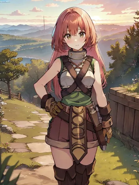 (masterpiece, top quality, best quality, official art, beautiful and aesthetic:1.2), 1 girl,
In the vibrant hues of a sunset-kissed sky, a charming -yeld giwith flowing turquoise locks, adorned with delicate flowers, stands atop a mossy cliff, overlooking a peaceful forest within a bustling MMO RPG game
,ragnarok_novice
<lora:ragnarok_novice_v2:0.85>