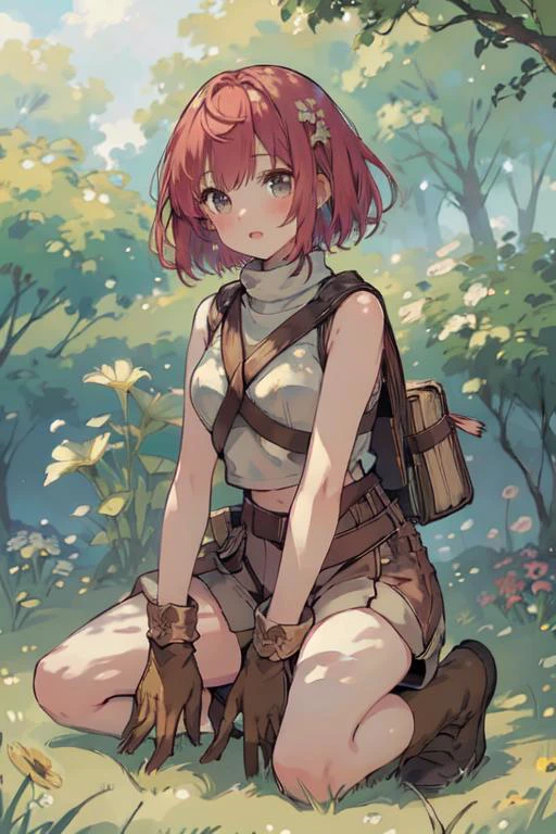 (masterpiece, top quality, best quality, official art, beautiful and aesthetic:1.2), 1 girl,
Surrounded by a field of vibrant flowers, the -yeld hene crouches with her bow drawn, her ever-changing hair blending with the surroundings, as she gets ready to embark on a woodland quest filled with beauty and danger
, short pant,
<lora:ragnarok_novice:0.8>