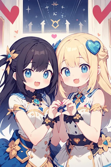 2girls, :3, :D, love beam, heart arms, bombshell pose