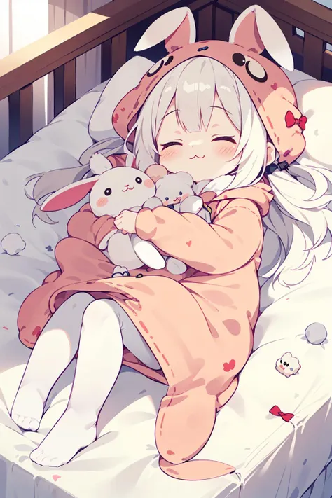 1girl, tiny rabbit stuffed, kigurumi, albino, close eyes, :3, sleepeace, marshmallow bed