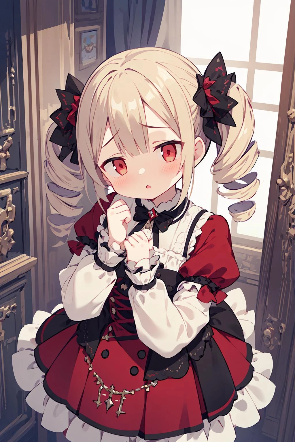 1girl, crimson gothic dress, twin drills, ashamed, upturned eyes, avert eyes, fuzzy, looking away, head tilted, from above