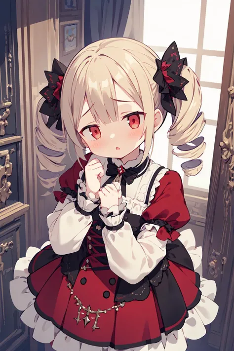 1girl, crimson gothic dress, twin drills, ashamed, upturned eyes, avert eyes, fuzzy, looking away, head tilted, from above