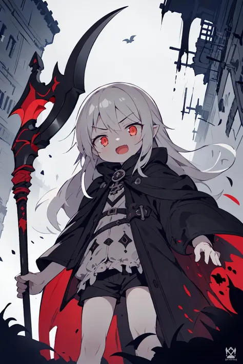 1girl, solo, astride imp, straddle, death scythe, grim reaper cloak, loud laughter, executioner, baggy clothes, eerie atmosphere, silver long hair, dark red slanted eyes, glaring at viewer, black blood all over body, (from below, low angle), dystopia, outdoor,