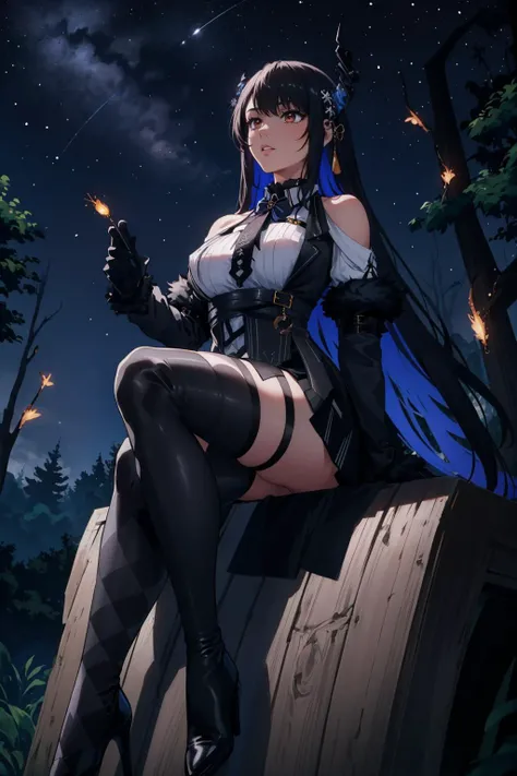 Pieces fly, highest quality, 1 girl,Light blue hair, (black eye:1.2),((((Black underwear round))、((Embarrassed look))、((full moon))、((Picture below))、(((Thigh-high boots)))、((Long Hair))、((Black Long Gloves))、((Kneel))、((Black panties))、((tiara))、((c cup breasts))、((Place your hands behind your head))、((Spread your legs))