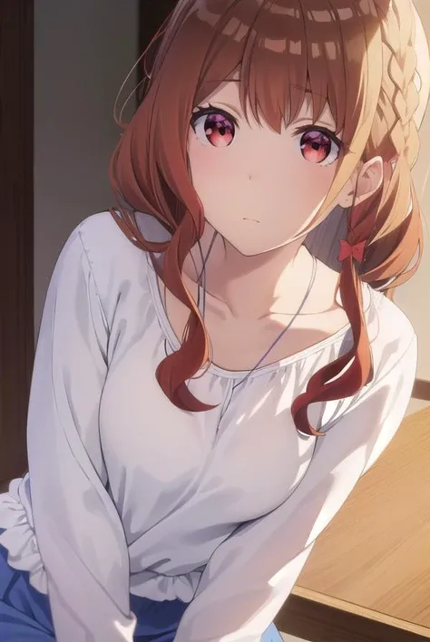 miyakoshirakawa, <lora:miyako shirakawa s1-lora-nochekaiser:1>,
miyako shirakawa, long hair, bow, brown hair, (red eyes:1.3), braid, hair bow, wavy hair,
BREAK skirt, shirt, long sleeves, jewelry, white shirt, frills, belt, necklace, blue skirt, frilled skirt, collarbone,
BREAK indoors,
BREAK looking at viewer, (cowboy shot:1.5),
BREAK <lyco:GoodHands-beta2:1>, (masterpiece:1.2), best quality, high resolution, unity 8k wallpaper, (illustration:0.8), (beautiful detailed eyes:1.6), extremely detailed face, perfect lighting, extremely detailed CG, (perfect hands, perfect anatomy),
