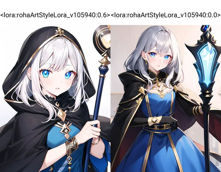 hair_color: black, silver
hair_length: long
eye_color: blue
nose_shape: upturned
lips_shape: rosy
clothing: black cloak, blue dress, gold accents, gold arm bands
accessories: glowing blue staff <lora:rohaArtStyleLora_v105940:0.6>