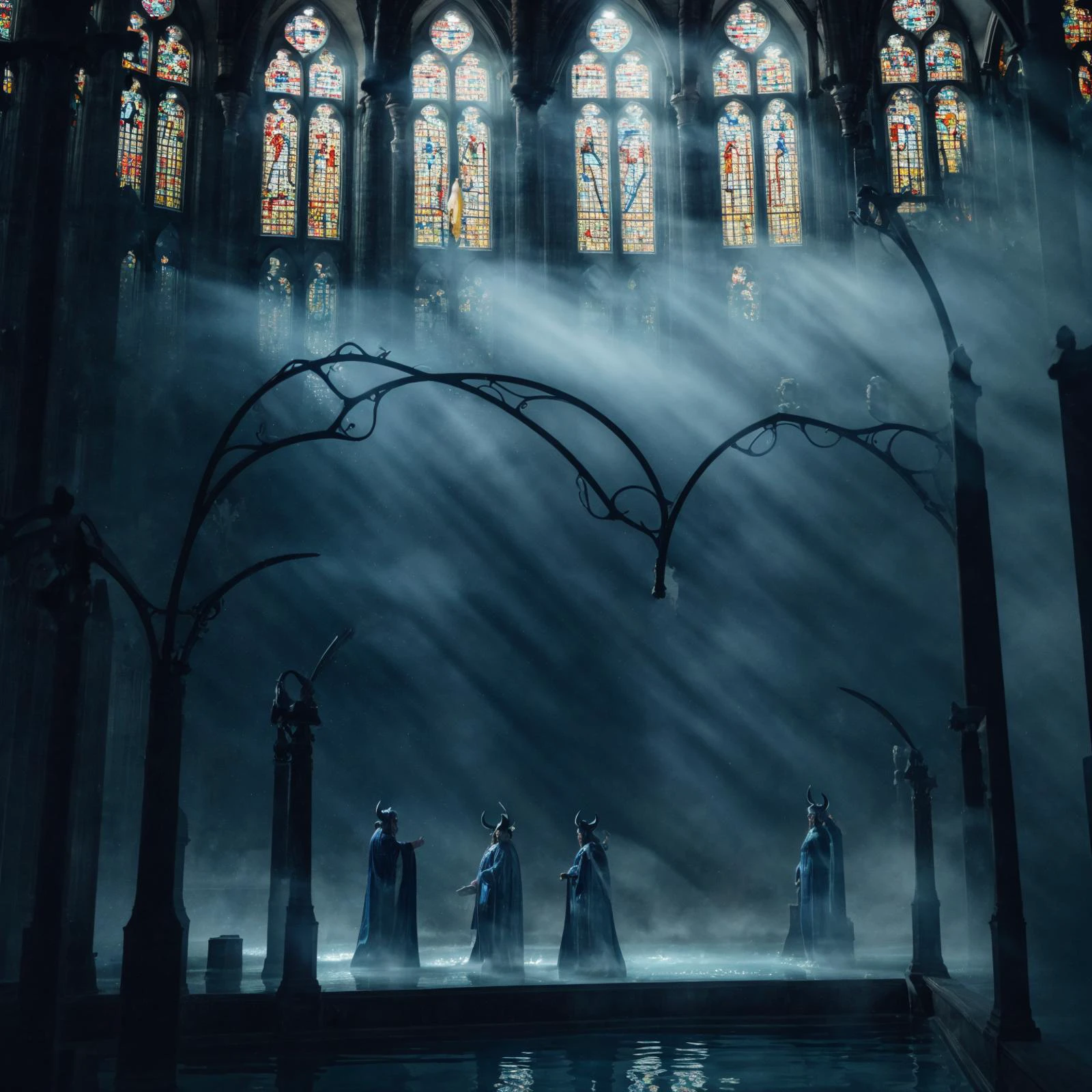 realistic analog photo, award winning photo,
<lora:FantasyBath:0.75> fanbath, arches, stained glass windows, steaming water, glowing water, underwater lights,
<lora:DemonicT:0.75> DemonicT, blue skin, black sclera, colored sclera, colored skin, yellow eyes, demon wings, demon horns, slit pupils,
RAW, highres, 8k, uhd, High Dynamic Range, tonemapping, crisp details,