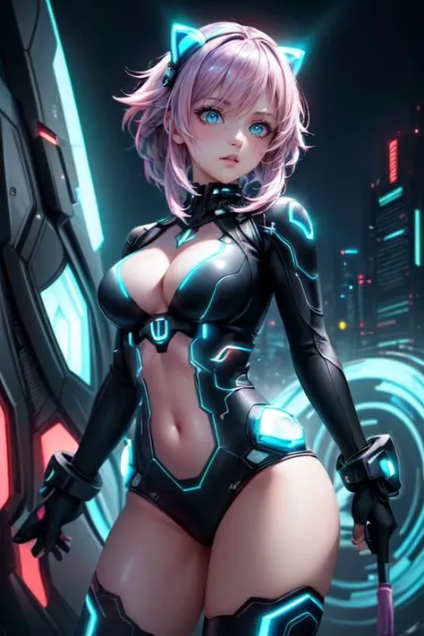 (masterpiece, best quality, highres, absurdres, ultra-detailed:1.3), 1girl, (tron, cyberspace, techno, cyberpunk, pink and cyan neon light rays, iridescent, holographic, hdr: 1.6), (prpdef1, cowboy shot:1.3), <lora:neptunia_v1:0.6>,<lora:add_detail_v1:0.9>