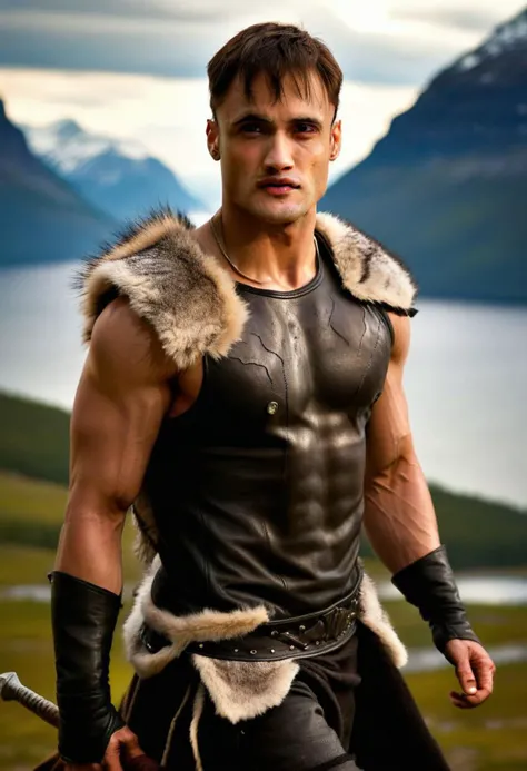Ultra-detail, (highres:1.1), best quality, (masterpiece:1.3), Charles Melton a man <lora:asim-riaz-Charles-Melton:1>, a Viking warrior prince wearing fur and leather armor rags rising above a battlefield, scales, handsome 23yo Norway male model, dynamic posture posing, full-body from above, dramatic angle. hairy body, skinny muscled, perfect biceps, great pecs, thin waist, perfect jawline, strong and powerful, sporty, great detail, satisfaction,