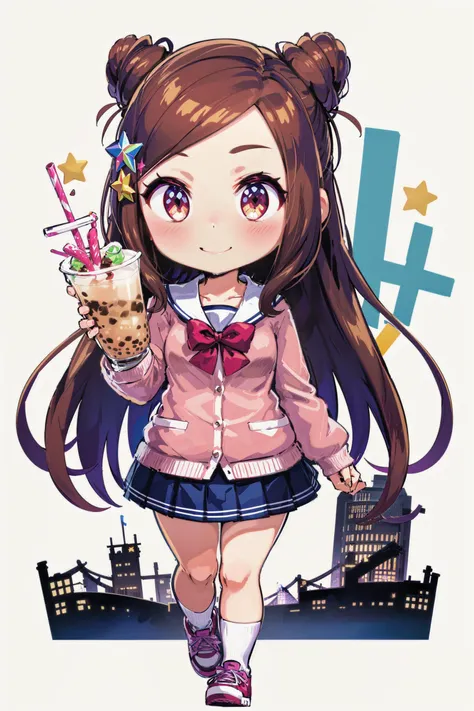 best quality, absurdres, high detail, city, road, bubble tea challenge,
standing, walking, holding cup, full-score smile,
solo, chibi, iroha, brown hair, cone hair bun, school uniform, star hair ornament, pink cardigan, long sleeves, sailor collar, red bowtie, pleated skirt, miniskirt, blue skirt, socks, star print, sneakers, star \(symbol\)
<lora:MGCM-iroha-t1:0.7>