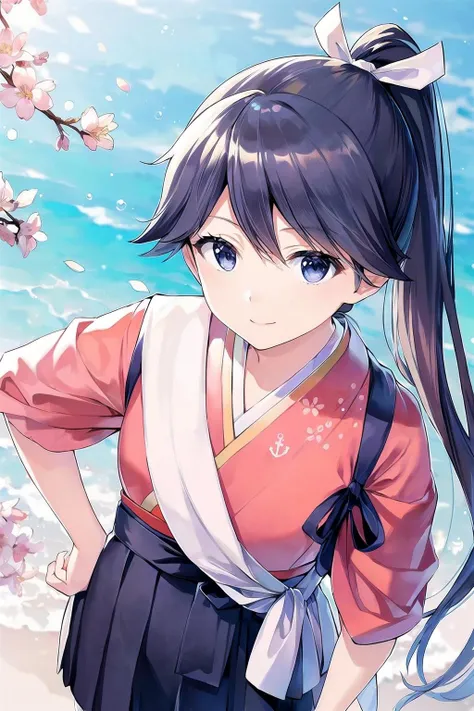 (masterpiece), (best quality), (ultra-detailed), photorealistic, (best illustration), (an extremely delicate and beautiful), 1girl, solo, cowboy shot, hoshokaini, ponytail, pink kimono, floral print, anchor symbol, white ribbon, hair ribbon, black eyes, (sash:1.22), ribbon trim, smile, hakama skirt, hakama, hand on hip, white pantyhose, ((from above, looking up)), <lora:hosho_nai_3-48:0.9:OUTD>
BREAK detailed background, blue sky, floating sakura, sakura wind, <lora:more_details:0.25>