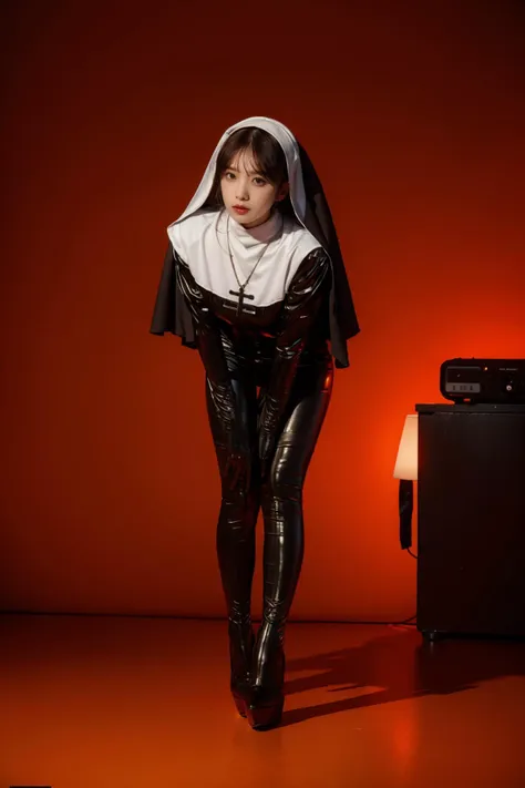 best quality,masterpiece,highres,extremely detailed cg unity 8k wallpaper,photorealistic,red background,1girl,solo,standing,full body,leaning forward,<lora:lemon0033-Latex Nun Black_v1:0.9>,lemon0033,bodysuit,nun,veil,high heels,