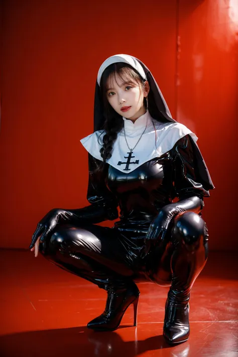 best quality,masterpiece,highres,extremely detailed cg unity 8k wallpaper,photorealistic,red background,1girl,solo,squatting cowgirl position,spread legs,full body,<lora:lemon0033-Latex Nun Black_v1:0.9>,lemon0033,bodysuit,nun,veil,high heels,(glossy shiny skin:1.2),(latex skin:1.2),