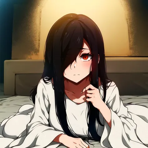 ((masterpiece)),(best quality), absurdres,sadako_yamamura, white dress, red_eyes,   <lora:Sadakobest:0.7>, <lora:jcm2Style_v1:1>,looking at viewer,