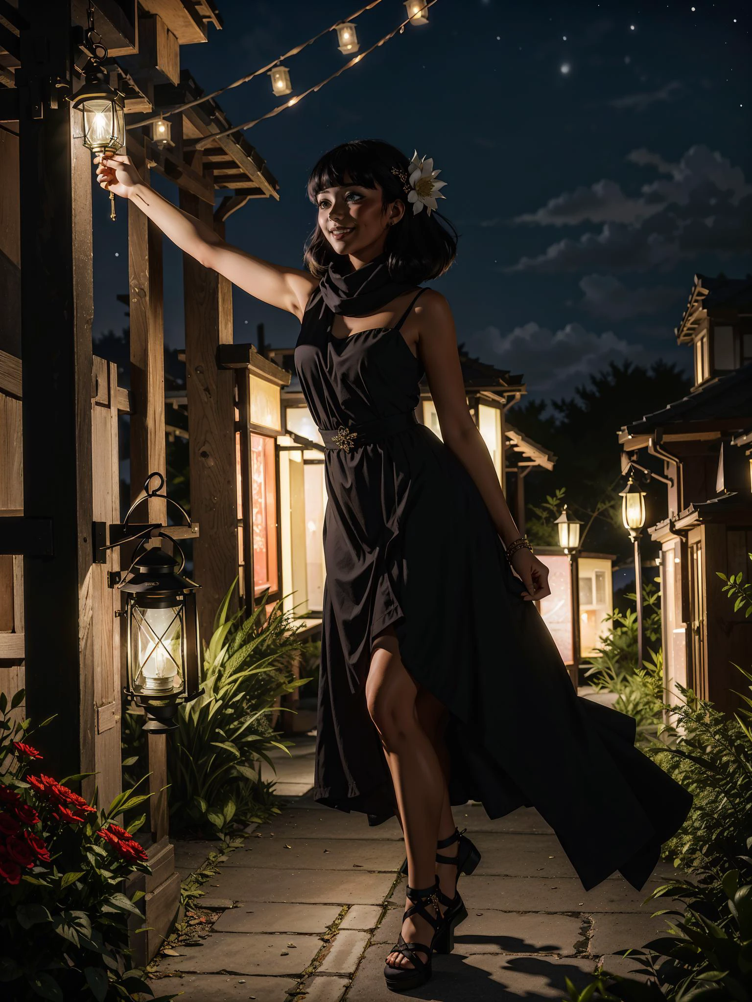 <lora:ARTbyJCM2_MMM:0.8>, 1girl, black hair, medium hair, swept bangs, dress, black dress, scarf, jewelry, hair ornament, happy, night, (((lantern))),
masterpiece, best quality, <lora:weight_slider_v2:0.5> , photo \(medium\),
SkinPerfection_NegV15 <lora:backlight_slider_v10:-1.5>
