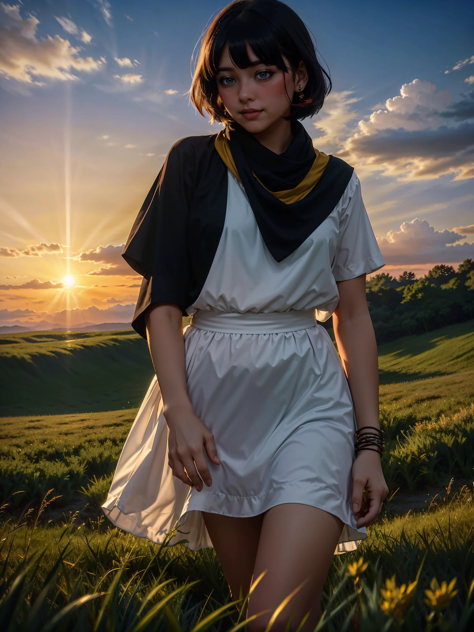 <lora:ARTbyJCM2_MMM:0.8>, 1girl, black hair, medium hair, swept bangs, dress, black dress, scarf, jewelry, hair ornament, happy, sunset, open field, grass, sunbeam,
masterpiece, best quality, <lora:weight_slider_v2:0.5> , photo \(medium\),
SkinPerfection_NegV15 <lora:backlight_slider_v10:-0.5>