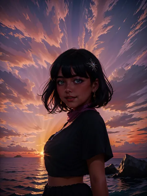 <lora:ARTbyJCM2_MMM:0.8>, 1girl, black hair, medium hair, swept bangs, dress, black dress, scarf, jewelry, hair ornament, happy, sunset, red sky, giant tree, ocean, island
masterpiece, best quality, <lora:weight_slider_v2:0.5> , photo \(medium\), 
 SkinPerfection_NegV15 <lora:backlight_slider_v10:-0.5>