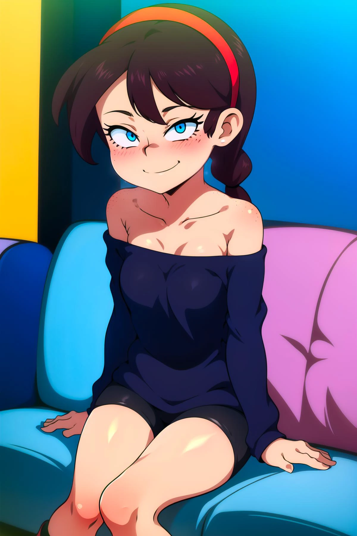 best quality, anime screencap, (anime coloring:1.1),
1girl, solo, nice hands, nice_hand, perfect_hand, perfect_hands, best_hands, <lora:beta:1>
masterpiece, best quality, megami magazine,
(detailed,highres:1.4) ,
(eyes, eyeshadow, detailed eyes), (hotify,digital art,fit,hot body:1.2),(Sitting with back arched),Long Hair,Pigtail,kantai collection,Costume ,
<lora:sidchang:0.7>, Sid Chang, blush, smile, blue eyes, brown hair, shirt, long sleeves, hair between eyes, bare shoulders, collarbone, hairband, small breasts, boots, shorts, socks, off shoulder, black footwear, black shorts, blue shirt, bike shorts, freckles, red hairband, off-shoulder shirt, frecklesv1,
(vector:1.4), (Bright,Crowd Background:1.4),Plus Size,Oppai,
<lora:ARTbyJCM2_MMM:1.2>