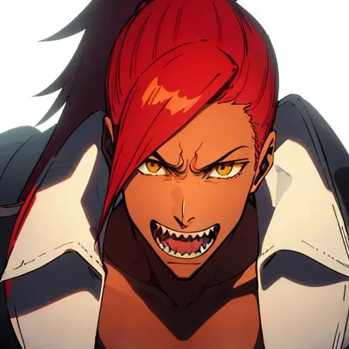 bleach style, 1boy, collarbone, looking at viewer, male focus, open mouth, yellow eyes, high ponytail, long hair, Red hair, solo, Dark Carmel skin, spot color, Sharp teeth, upper body, ((masterpiece)) <lora:bleachAnimeStyleLora_offset:1>
