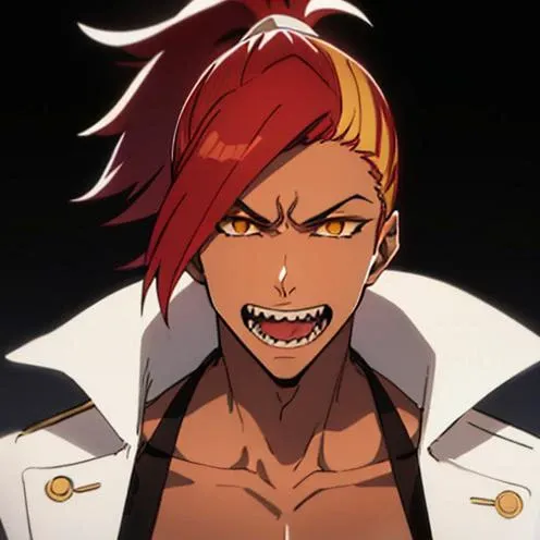 bleach style, 1boy, collarbone, looking at viewer, male focus, open mouth, yellow eyes, high ponytail, long hair, Red hair, solo, Dark Carmel skin, spot color, Sharp teeth, upper body, ((masterpiece)) <lora:bleachAnimeStyleLora_offset:1>