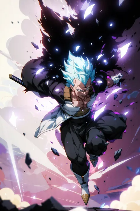 masterpiece, best quality, 1boy, vegeta, Black hair, upper white armor, kimono black clothes, white gloves, white boots, black eyes, spiky hair, hollow mask, (katana:1.4), zanpakutou, smiling,( at night:1.4), night, low light, natural light, fighting pose, damaged clothes, damaged skin, street, japanese street, low light, light rays, aura power, (purple particles:1.4),(floating particles:1.4), doing a power, angry eyes, looking ahead, male focus, muscles, movie composition, deth of field, bokeh, standing, full body <lora:add_detail:0.5> <lora:bleach_jaegerjaquez-10:0.5> <lora:bleach_style_offset:0.8> <lora:dbz_vegeta-03:1.4>