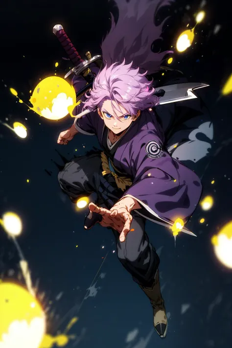 masterpiece, best quality, 1boy, trunks, purple hair, (black kimono:1.4), detailed eyes, dark purple jacket, dark yellow boots, blue eyes, (katana:1.4), zanpakutou, smiling,( at night:1.4), day, natural light, fighting pose, damaged clothes, damaged skin, street, japanese street, low light, light rays, aura power, (yellow particles:1.4),(floating particles:1.4), doing a power, looking ahead, male focus, muscles, movie composition, deth of field, bokeh, standing, full body <lora:add_detail:0.5> <lora:bleach_style_offset:0.8> <lora:dbz_trunks-10:1>