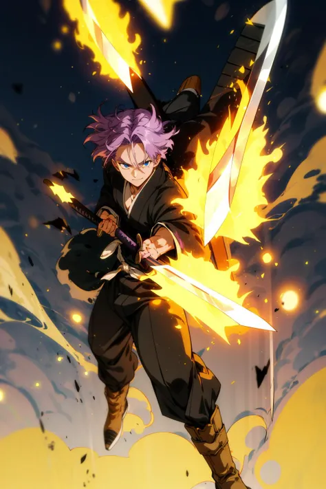 masterpiece, best quality, 1boy, trunks, purple hair, (black kimono:1.4), detailed eyes, dark purple jacket, dark yellow boots, blue eyes, (katana:1.4), zanpakutou, smiling,( at night:1.4), day, natural light, fighting pose, damaged clothes, damaged skin, street, japanese street, low light, light rays, aura power, (yellow particles:1.4),(floating particles:1.4), doing a power, looking ahead, male focus, muscles, movie composition, deth of field, bokeh, standing, full body <lora:add_detail:0.5> <lora:bleach_style_offset:0.8> <lora:dbz_trunks-10:1>