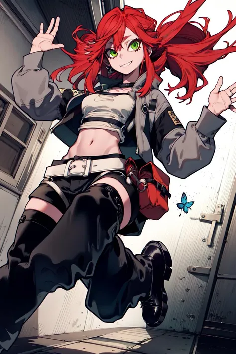 orange hair girl,Red eyes,rabbit ears, demon tail, leather jacket, Gray pants, Red boots