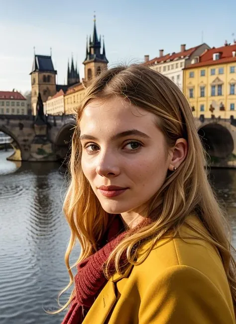 portrait of sks woman in Prague, at the Charles Bridge, by Flora Borsi, style by Flora Borsi, bold, bright colours, ((Flora Borsi)), by Imogen Cunningham, <lora:lora-small-freya-allen-v1:1>