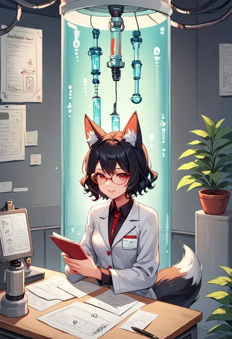 score_9, score_8_up, score_7_up,rating_safe,soft shadows,masterpiece,4k,best quality, hires, laboratory, stasis tank, plant, 1girl, fox girl, black hair, fox ears, red eyes, short hair, fox tail, wavy hair, lab coat, paper, pen, writing, sitting, desk, glasses, smile
<lora:Stasis Tank (pony) v1:1> <lora:Nova Sphere Style V1.0:0.8>