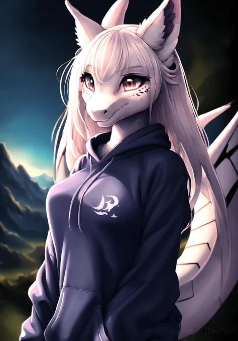 cinematic high quality painting, [filewords], furry dragon waifu portrait, anime eyes, cool hoodie, fine art, 8k photo