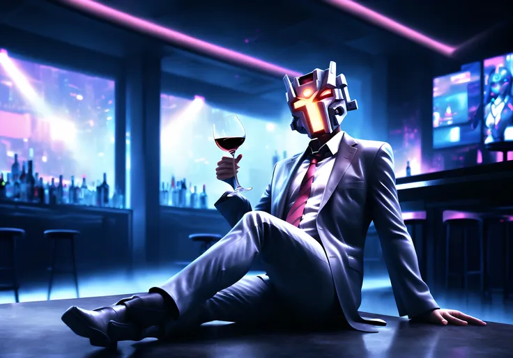 realistic, cinematic high quality photo, fine art, [filewords], cool android mecha, wearing business suit, holding glass of wine, cyberpunk glass mask, neon light, sitting, night club, full body, 3d render, 8k photo