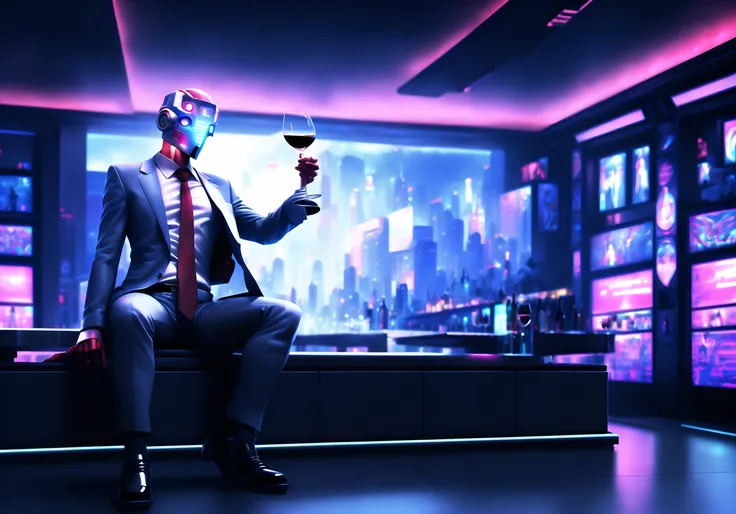 realistic, cinematic high quality photo, fine art, [filewords], cool android mecha, wearing business suit, holding glass of wine, cyberpunk glass mask, neon light, sitting, night club, full body, 3d render, 8k photo