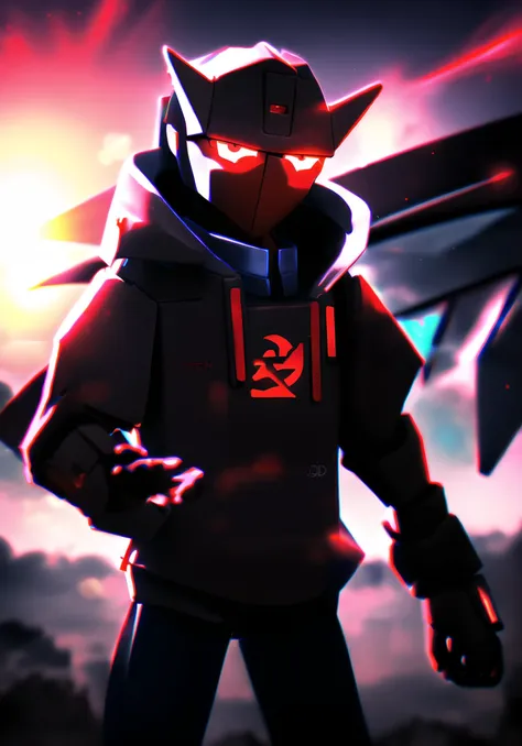 cinematic high quality photo, [filewords], cool android mecha, dark metal, red lens flare, hard red lighting, cool hoodie, 3d render, 8k photo