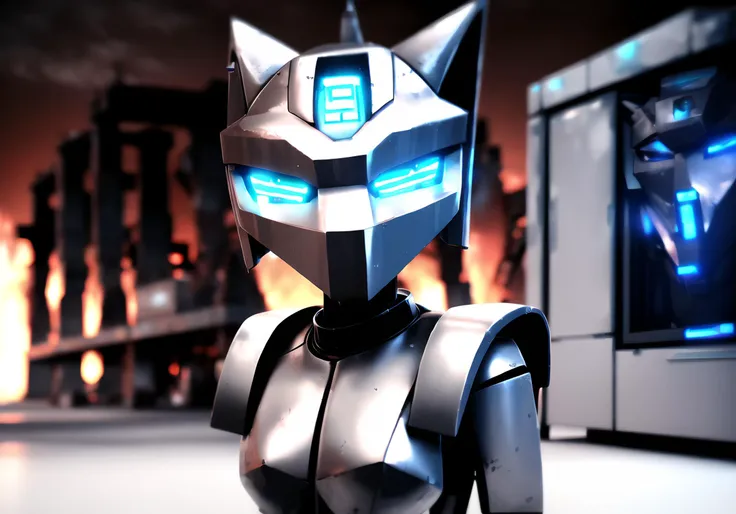 cinematic high quality photo, [filewords], cool android mecha waifu, tv head, blurry background, cinematic shot, destroyed apocalypse background, blue lights, white clean smooth metal, half body, 3d render, 8k photo