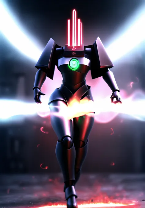 cinematic high quality photo, [filewords], cool android waifu, tv head, blurry background, cinematic shot, glowing eyes, white knight armor, magic runes, black magic beam background, explosion, green lights, white clean smooth plastic, full body, 3d render, 8k photo