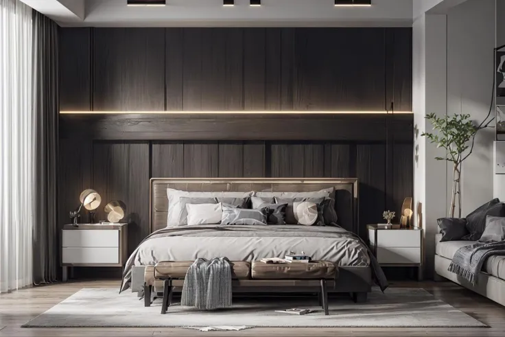 (masterpiece, best quality:1.2), bedroom, modern style, ((super_detail)), Best_interior_design, Vray_render, interior_light