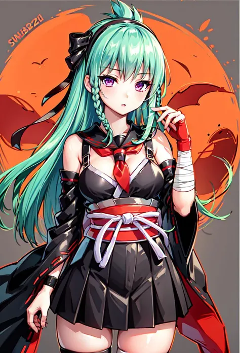 ((masterpiece, best quality)), 1girl, kanzaki saya, aqua hair, purple eyes, side braid, sinobuz, hair bow, hair ribbon, black hairband, japanese clothes, detached sleeves, bandages, single thighhigh <lyco:kanzakiSayaBeatmania:0.65>